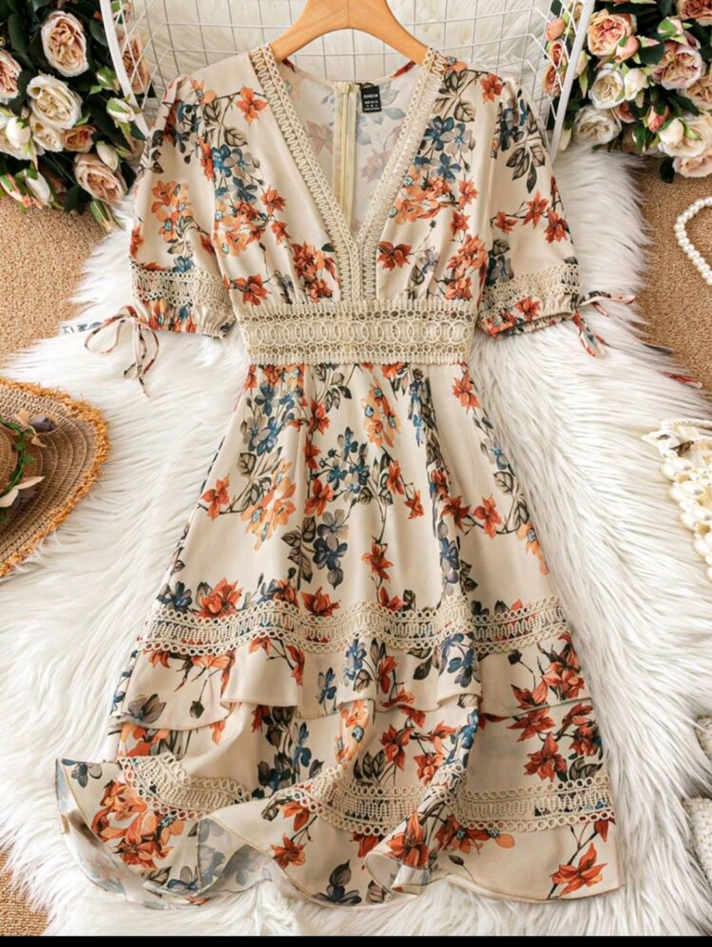 Floral Lace-Trim V-Neck Cream Dress